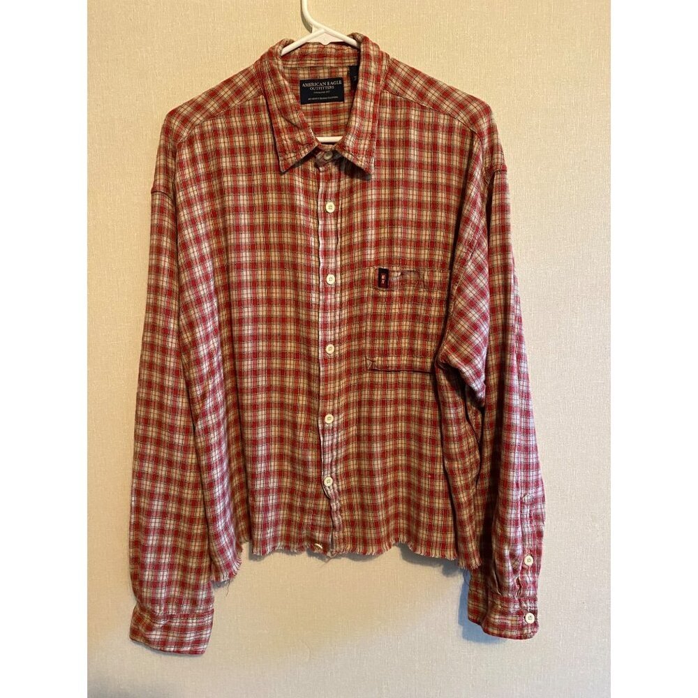 American Eagle Women's Red Plaid Raw Hemmed Barn Shirt XL